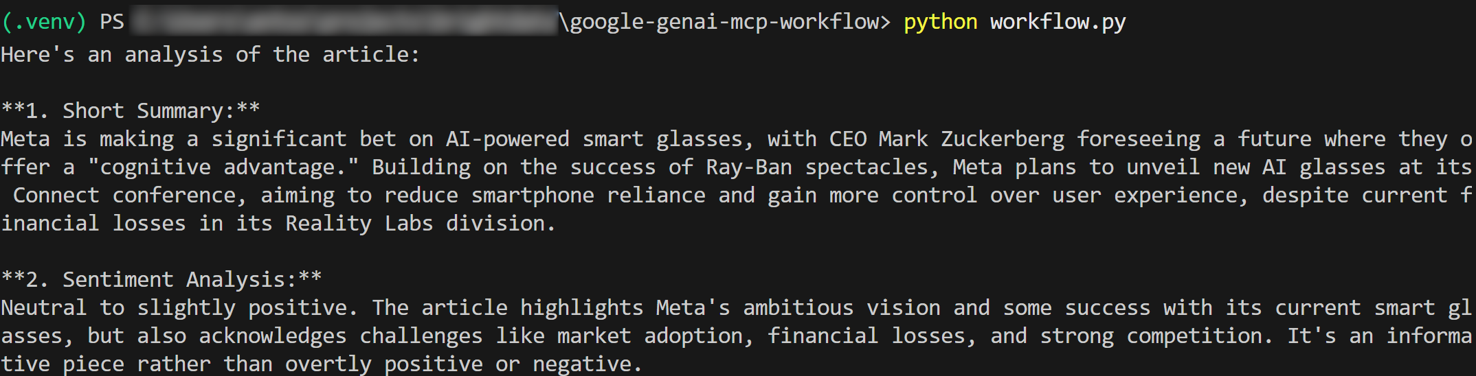 The output produced by the AI sentiment analysis agent