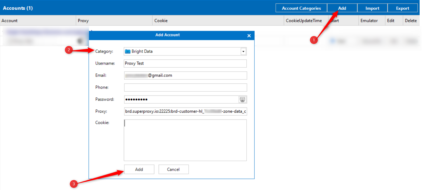 Add Account screen, fields for username and proxy.