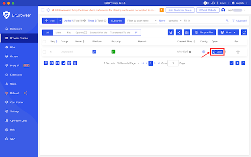 Web browser profile management interface with open button highlighted.