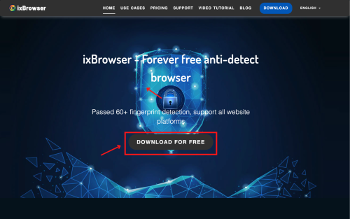 Anti-detect browser download button with security features highlighted.