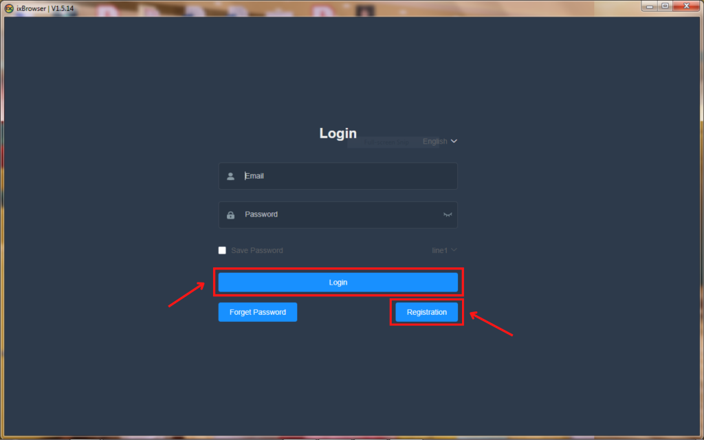 Login screen with email, password, and buttons.