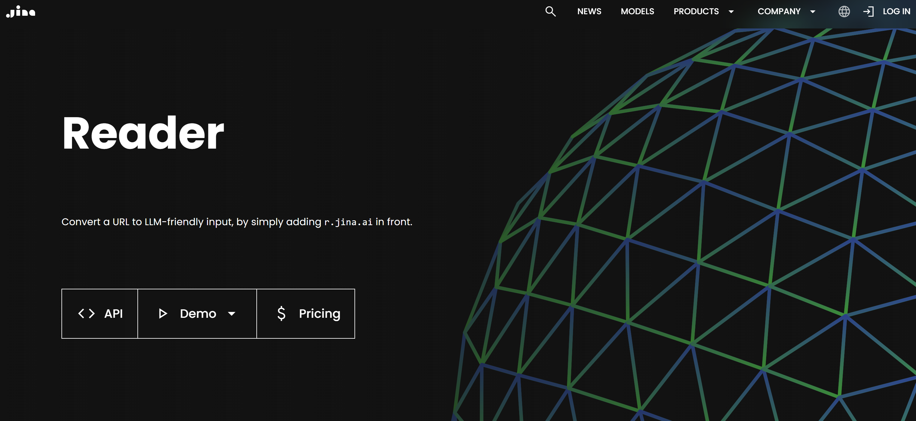 A web page featuring a dark background with a 3D geometric pattern on the right side, displaying the title 'Reader' in large white text. Below, there's a description about converting a URL to LLM-friendly input with instructions. Additionally, there are buttons for API, Demo, and Pricing options.