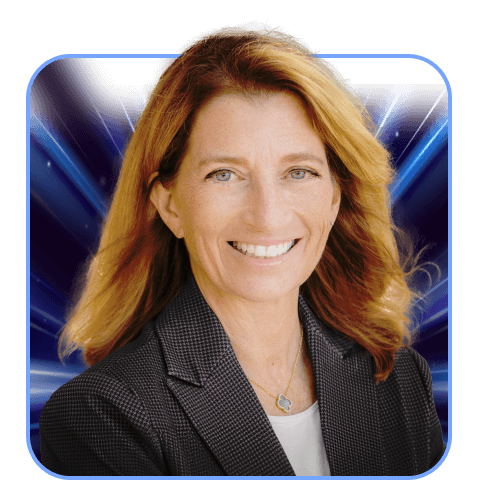 Woman smiling with blue, starry background.