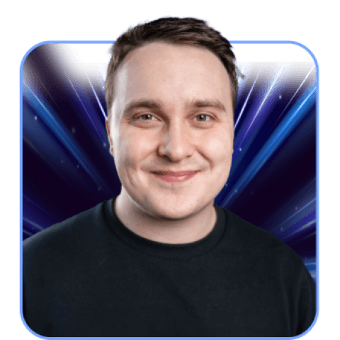 Man smiling with a cosmic background.