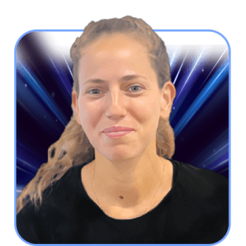 Smiling woman against a blue, cosmic background.