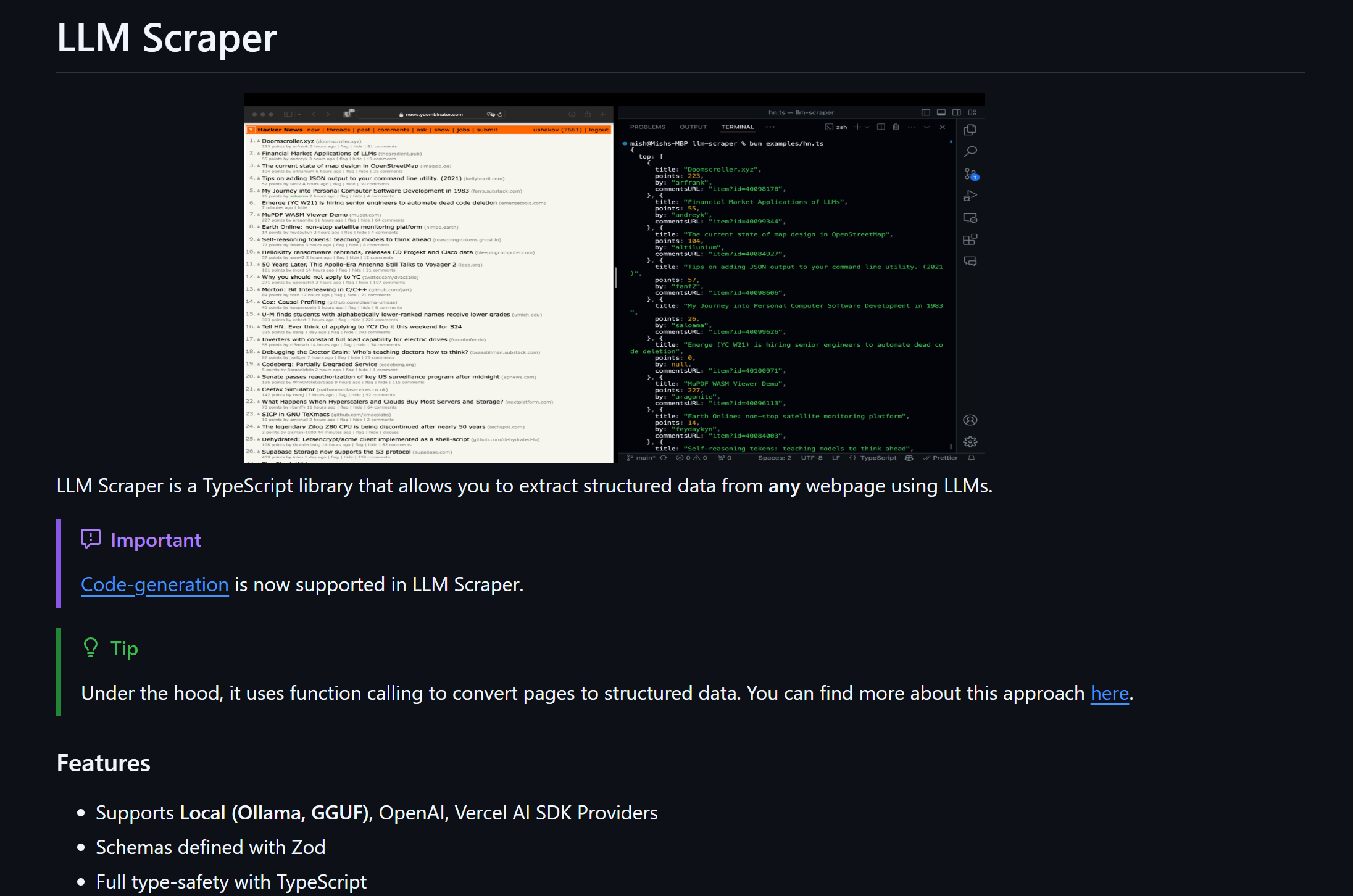 A screenshot of the LLM Scraper documentation showing an interface displaying code examples in Visual Studio Code along with features and important notes regarding the TypeScript library used for extracting structured data from webpages.