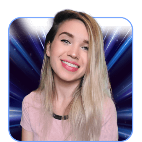 Smiling woman with blonde hair, cosmic background.