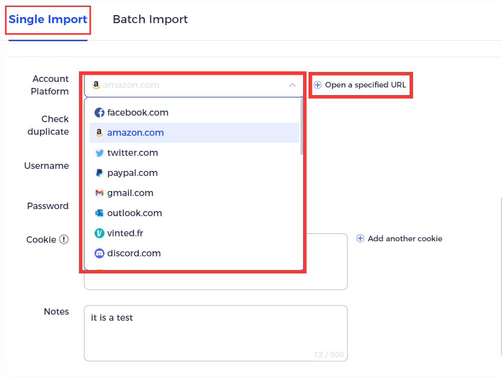 Account platform selection screen with websites listed.