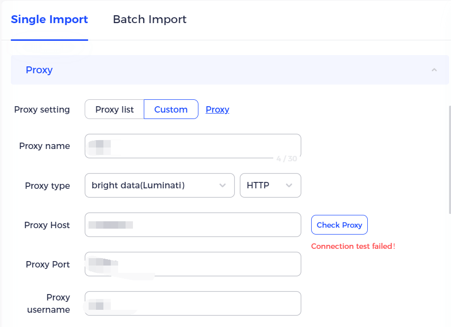 Proxy setup with connection test failed message displayed.