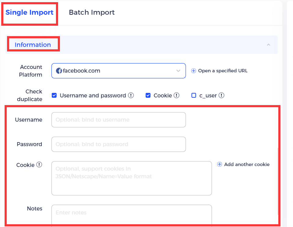 Form for importing Facebook account details.