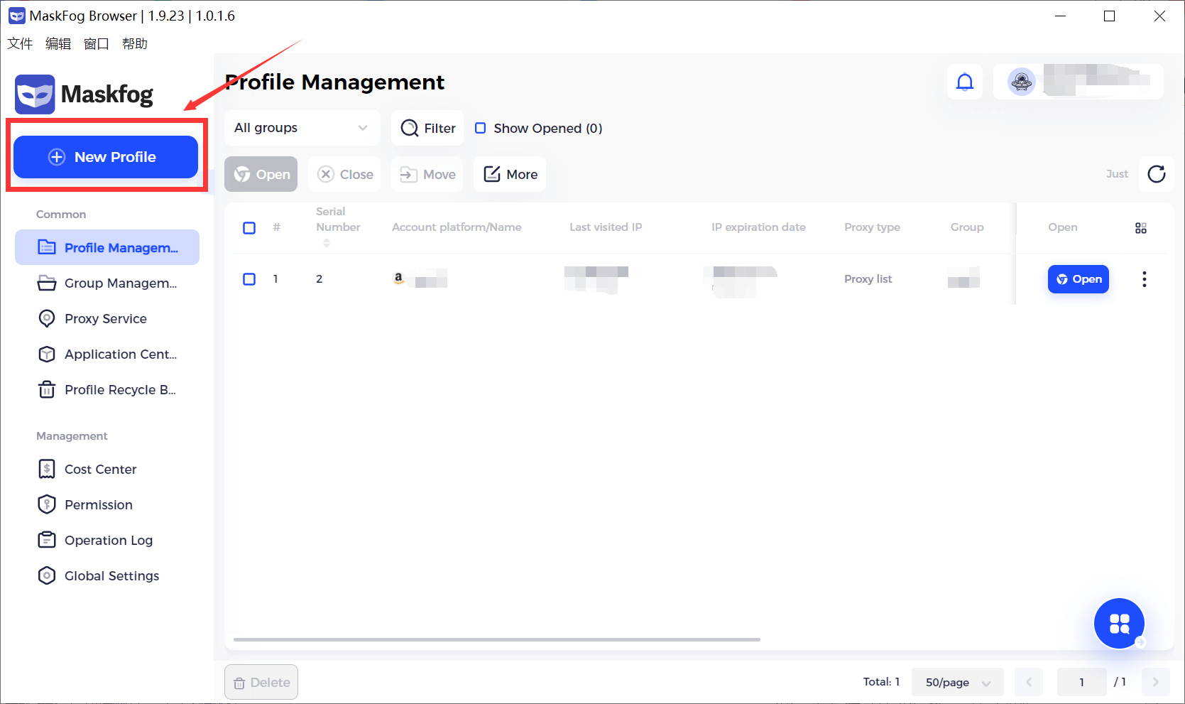 Maskfog Browser profile management interface with new profile button.