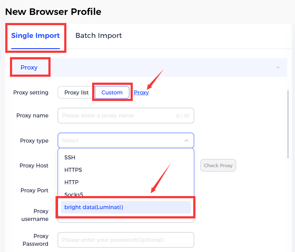 New browser profile proxy settings with custom option.