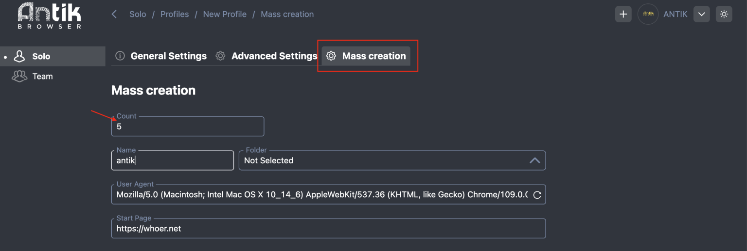 Browser mass creation settings with five profiles