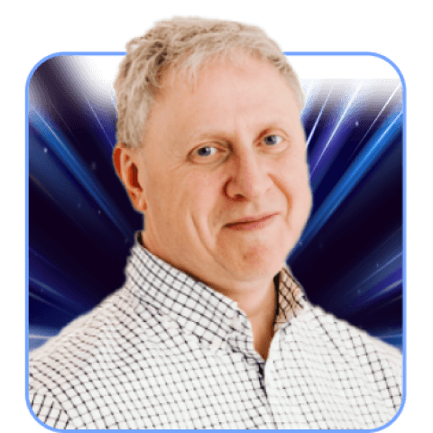 Man in checkered shirt, futuristic background.