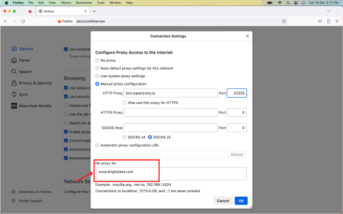 Firefox proxy settings configuration dialog box.