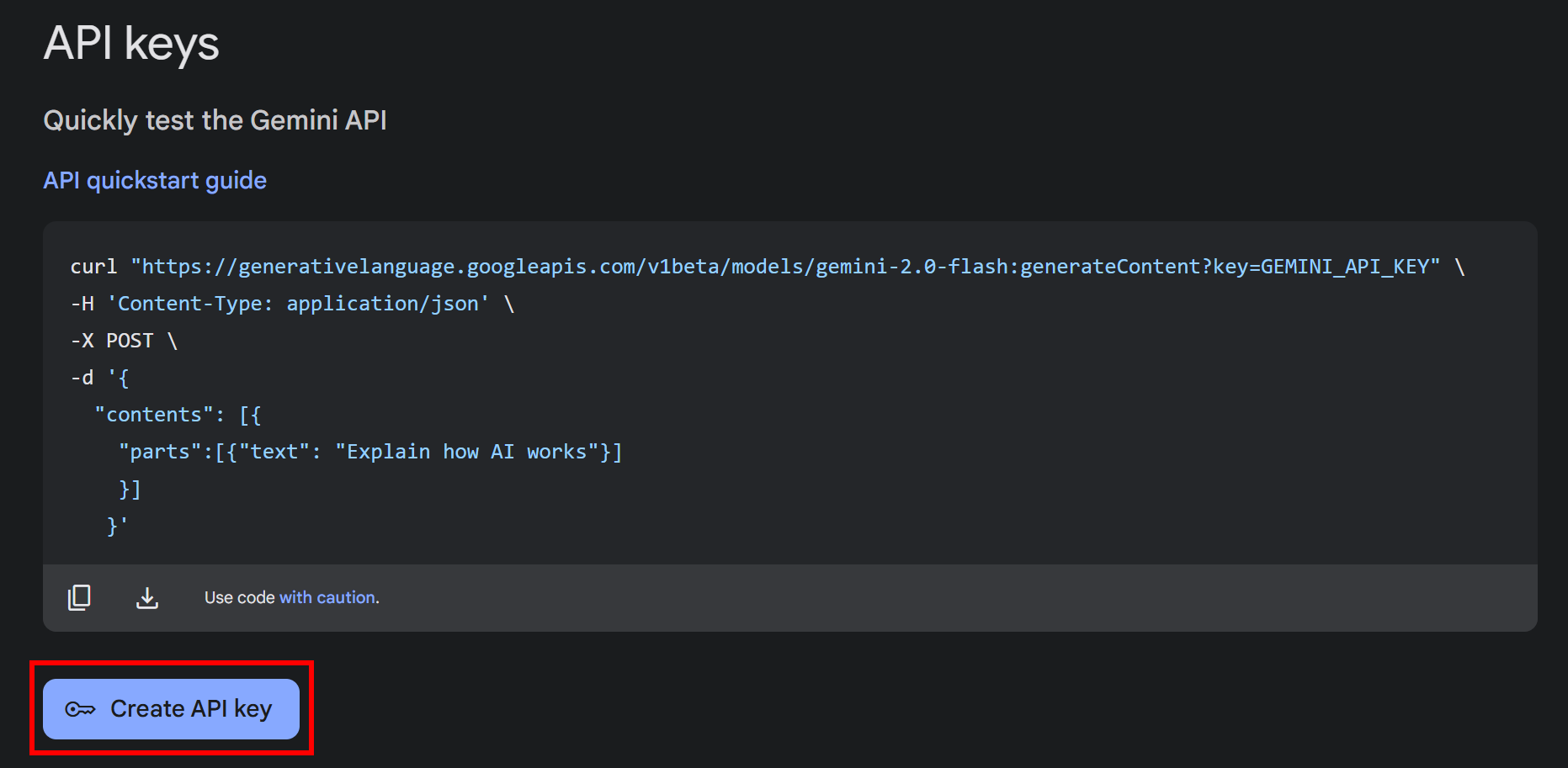 Note the “Create API key” button