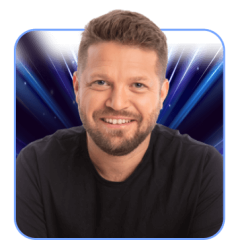 Smiling man with dark shirt, blue abstract background.
