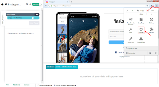 Instagram webpage with phone screen simulation tool.