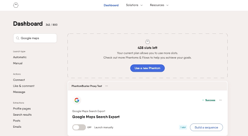 Dashboard with slots, Google Maps search export task.