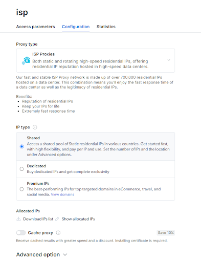 ISP configuration settings with proxy type and IP options.