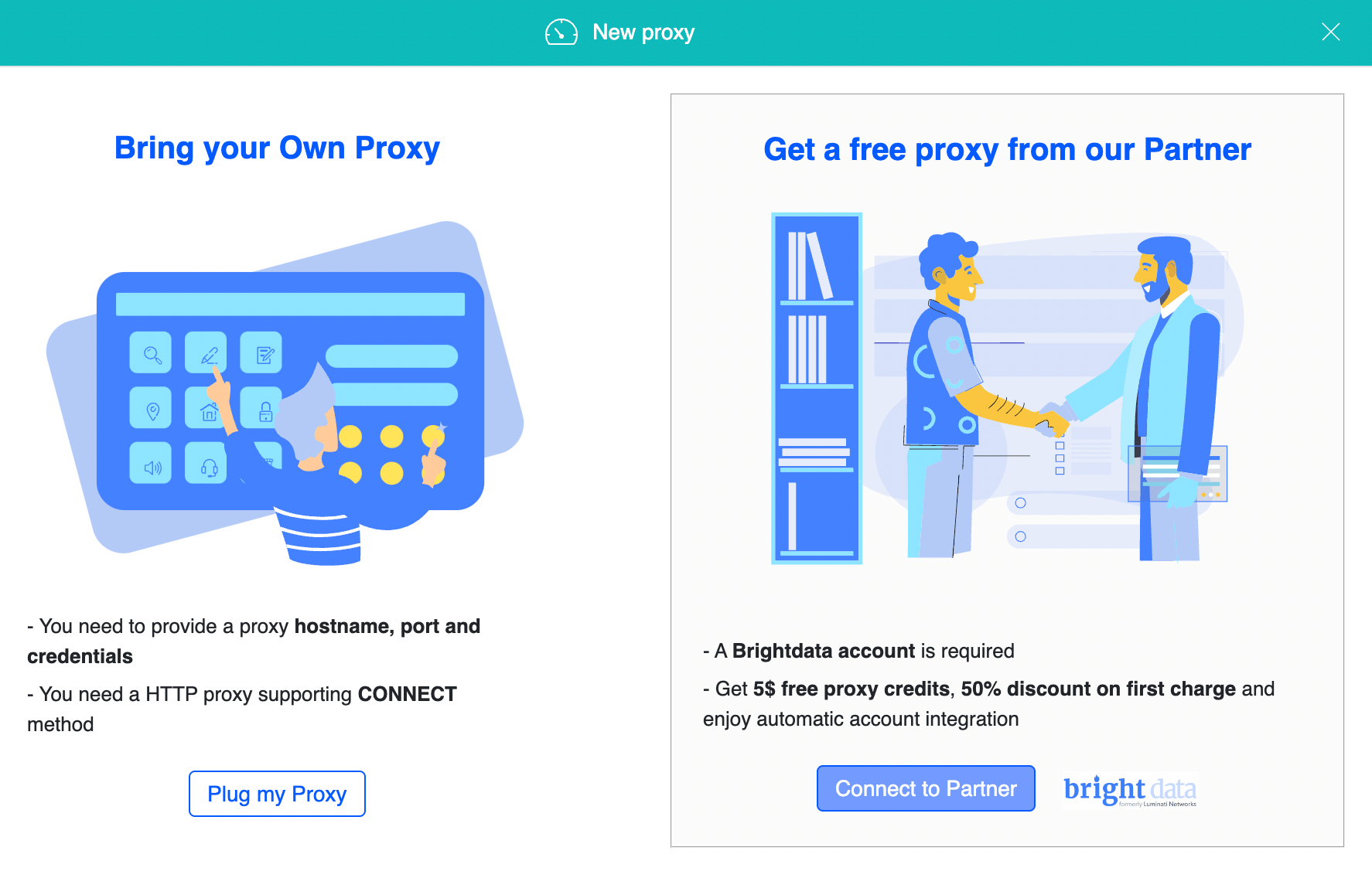 Options to set up proxy: own or partner.