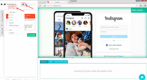 Instagram webpage with settings menu open.