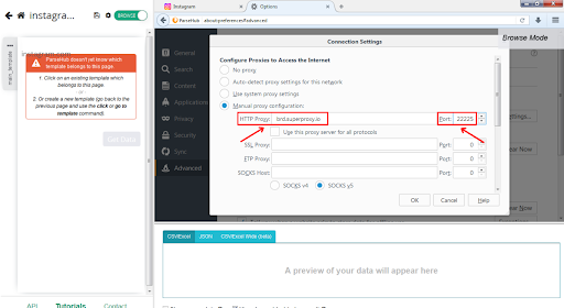 Proxy configuration settings in a browser window screenshot.