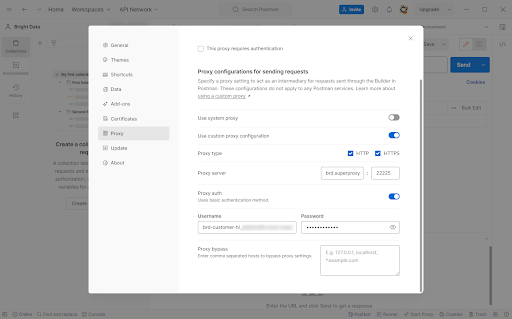 Proxy settings configuration window with various options.