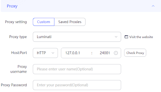 Proxy settings configuration screen with Luminati proxy selected.