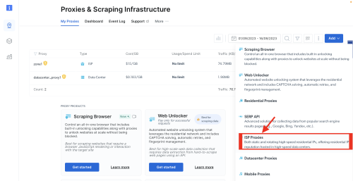 Proxy and scraping infrastructure dashboard with various options displayed.
