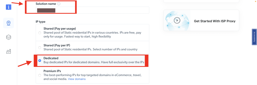 Form to choose IP type, showing Dedicated option selected.