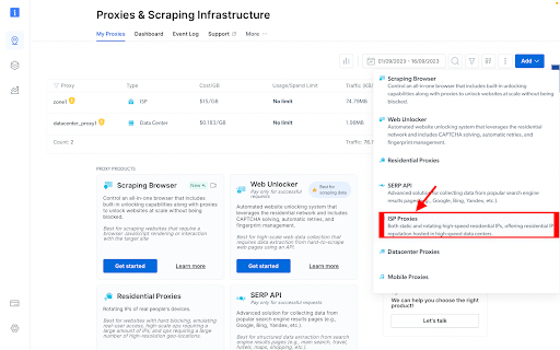 Dashboard displaying various proxy and scraping infrastructure services.
