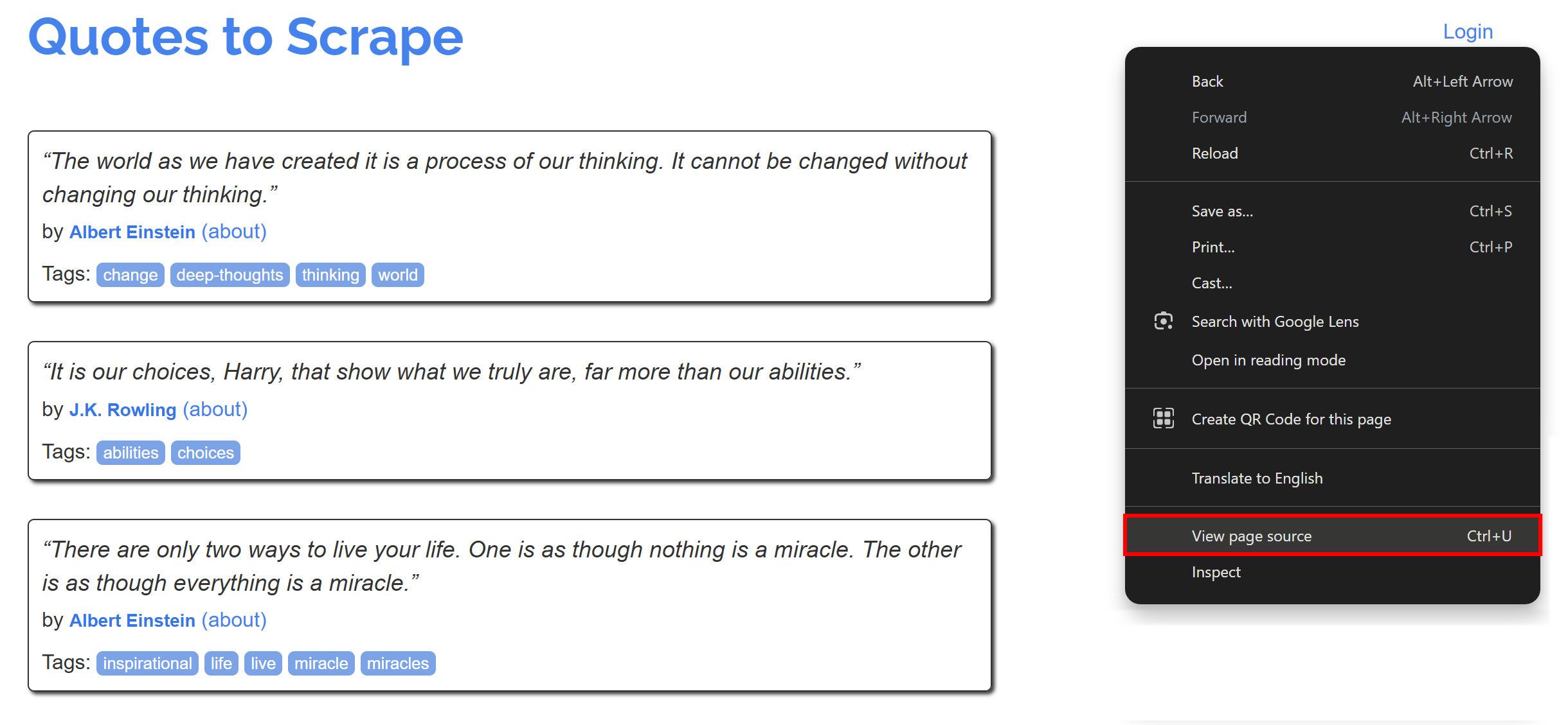 A webpage layout featuring three quotes by Albert Einstein and J.K. Rowling. Each quote is inside a box, providing the text of the quote, the author's name, and relevant tags. There is also a menu on the right with options, including 'View page source' highlighted in red.