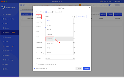 Adding a proxy in BitBrowser application.