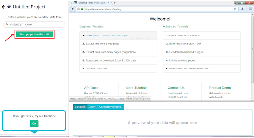 Web scraping tool interface with tutorials and instructions.
