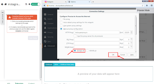 Configuring proxy settings in the browser options window.