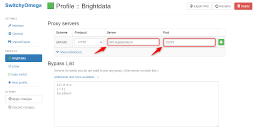 SwitchyOmega proxy settings for Brightdata profile.