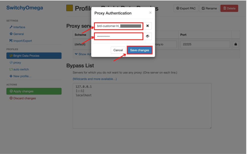 Proxy authentication box in SwitchyOmega extension interface.
