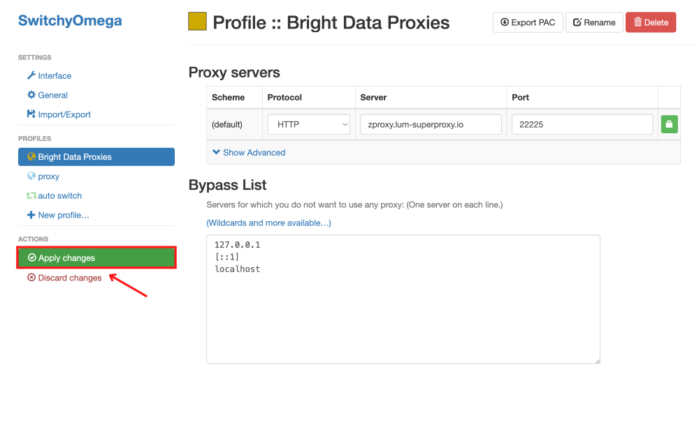 SwitchyOmega proxy settings and bypass list screen.