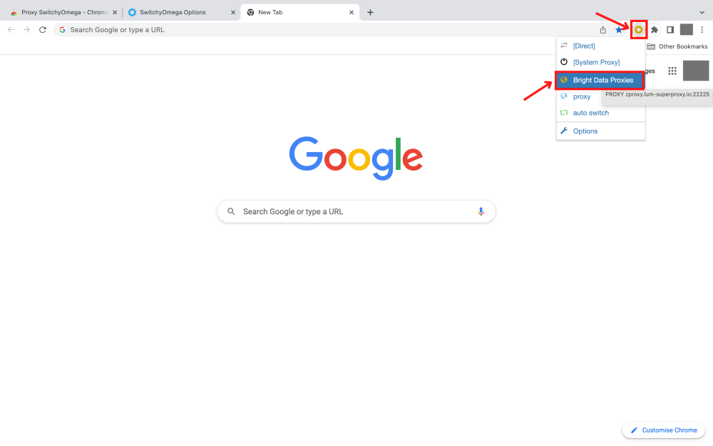 Google homepage with Proxy SwitchyOmega Bright Data menu.