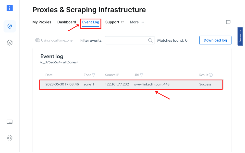 Event log showing a successful scraping entry for LinkedIn.
