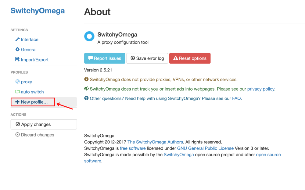 SwitchyOmega interface with options and profile settings visible.