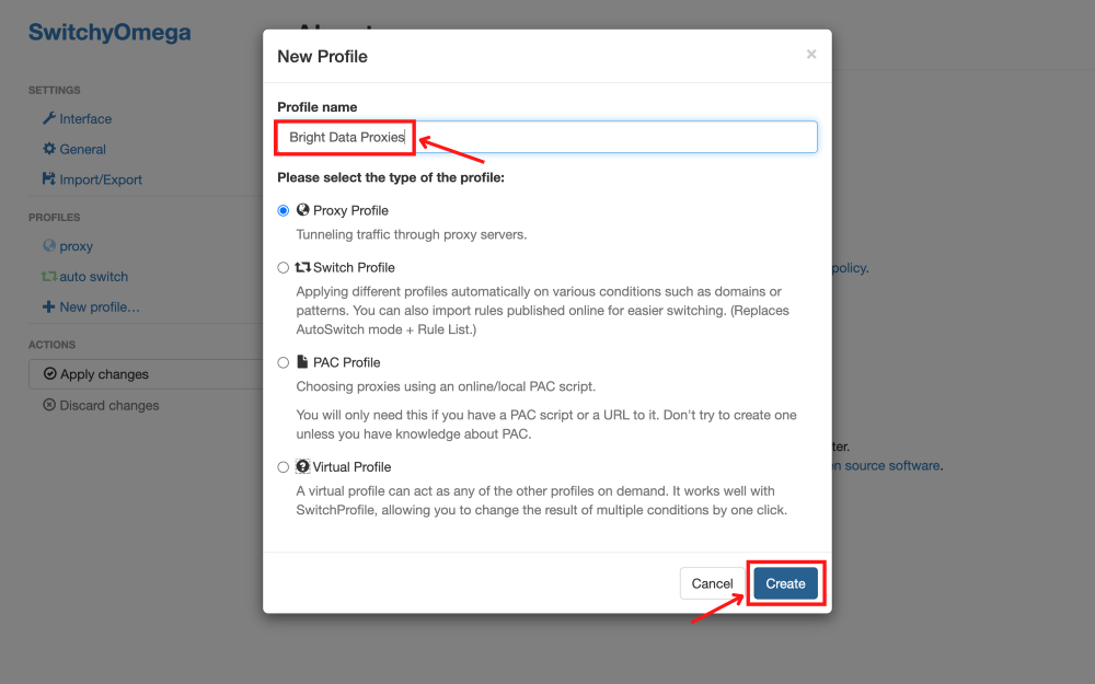 Creating a new profile in SwitchyOmega extension.