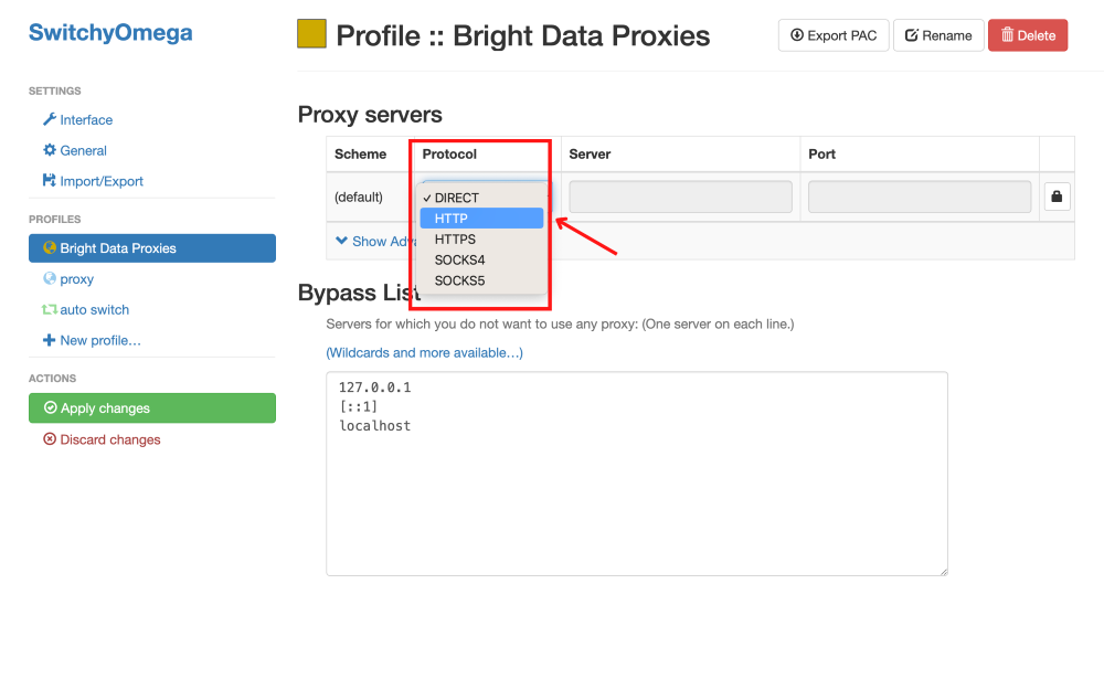 SwitchyOmega configuration screen showing proxy protocols dropdown.