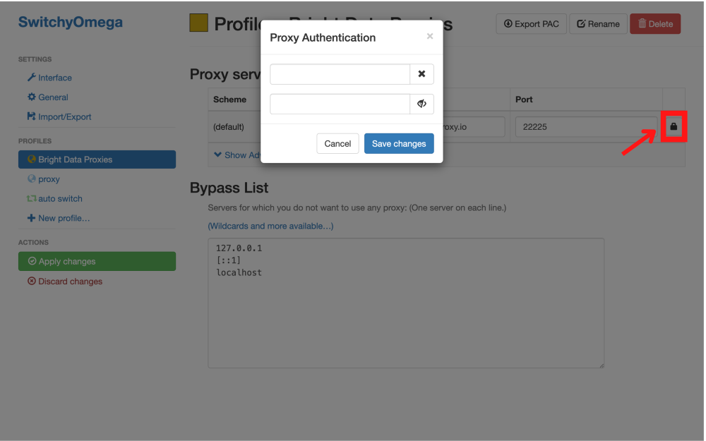Proxy Authentication pop-up window in SwitchyOmega extension.
