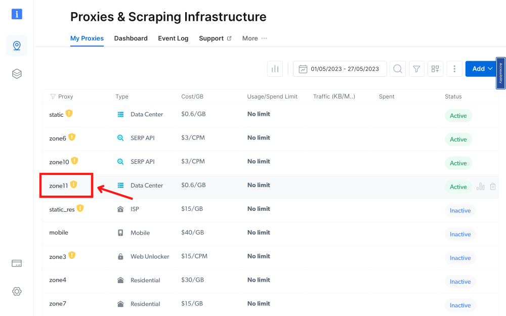Proxy infrastructure dashboard with zone11 highlighted.