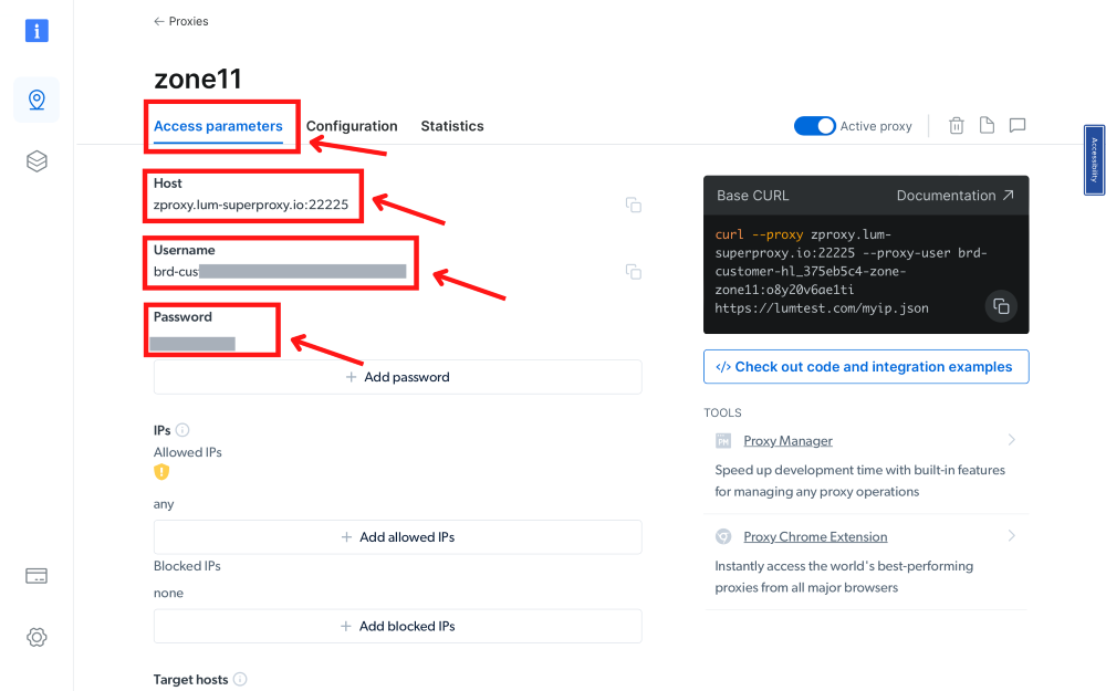 Proxy configuration settings on the access parameters page.
