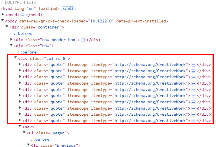 The ‘quote’ classes in the HTML code of the target web page