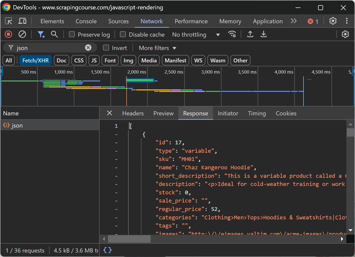 The AJAX request made by the page to retrieve data dynamically