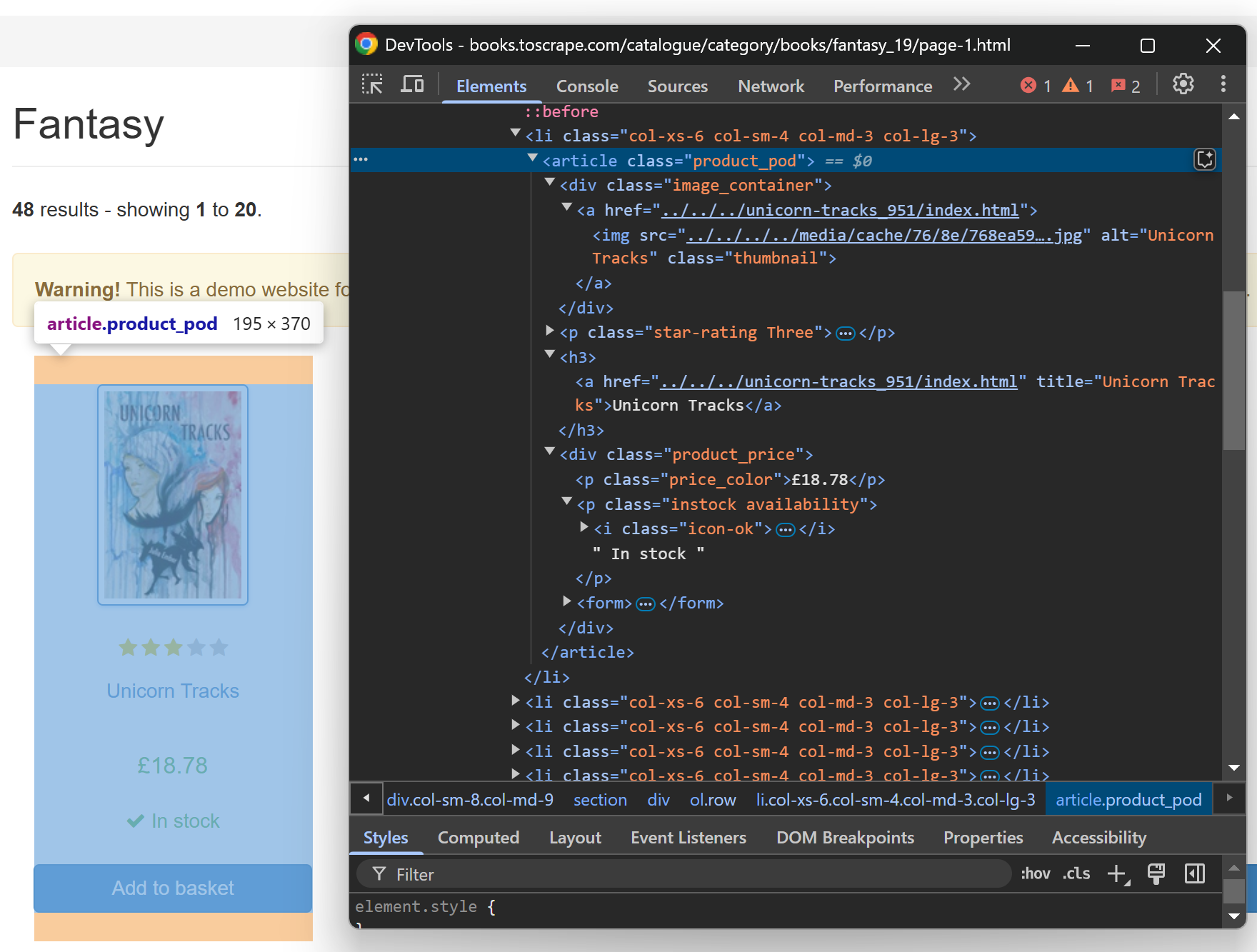 The DevTools section for the book element